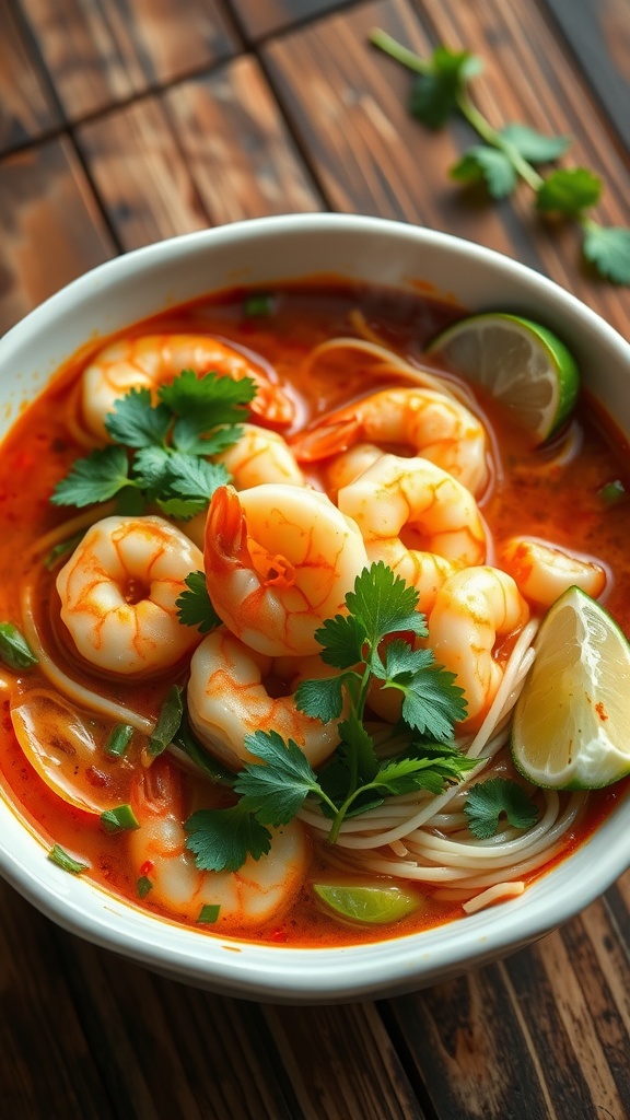 A vibrant bowl of spicy shrimp noodle soup with shrimp, noodles, and greens, garnished with cilantro and served with lime.